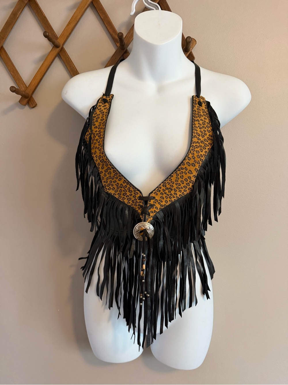 Genuine Leather Leopard Print Fringe Halter Top Concho Festival Black Size OS